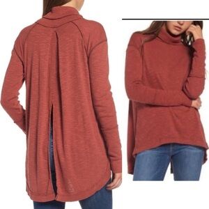 Free People Split Back Turtleneck Sweater, Cherry Heather Rust Red Burnt Orange